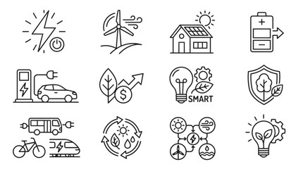 Fototapeta premium Eco-friendly renewable energy technology line icons set for sustainable living and green power