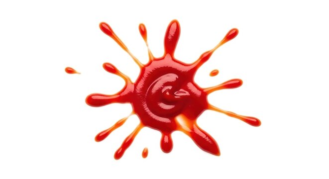 A red and orange splatter of ketchup on a white background.