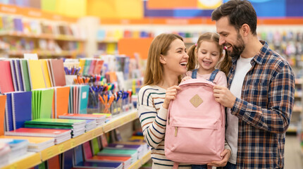 Obraz premium A family smiles while looking at a pink backpack in a store. The parents and child are shopping for school items among colorful notebooks and other supplies