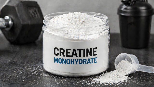 Creatine monohydrate supplement jar with scoop and dumbbell on gym table  