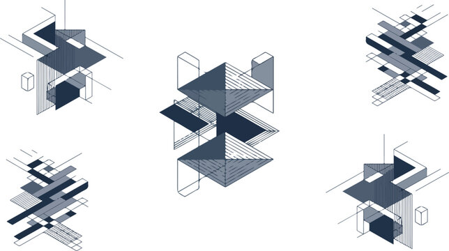 Tech pattern block composition element collection isolated on white background containing 3D linear graphics cube formations and abstract block structures.
