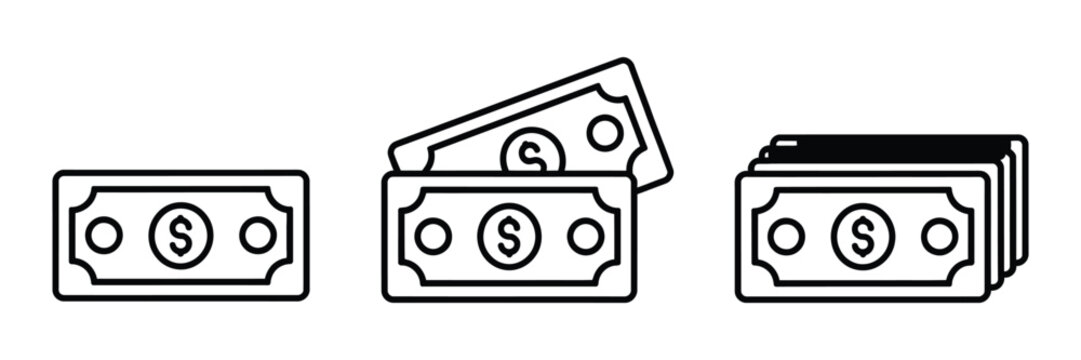 Currency Notes icons, stacked banknotes and dollar bill line symbols, cash bundle and financial transaction concept, deposit payment and banking system outline vector design set.