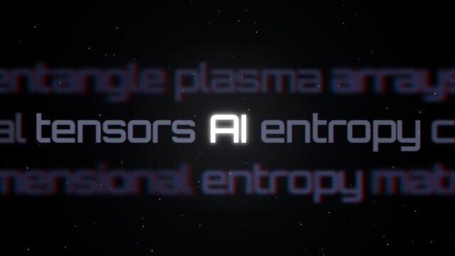 Futuristic ai technology concept with digital text and data processing elements on dark background