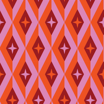 Mid Century Modern stars seamless pattern on split diamonds in pink and orange. For retro backgrounds, banners, wallpaper and home d&eacute;cor 