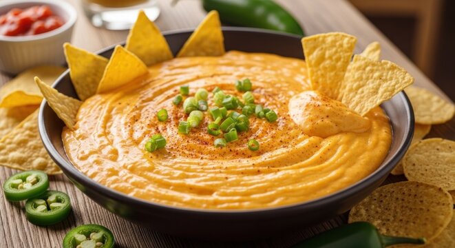 A bowl of creamy, cheesy, orange-yellow queso dip with green onions and tortilla chips on a wooden table with a white background.