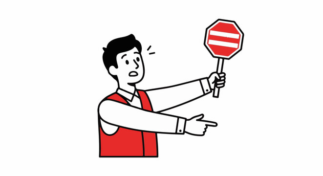 Cartoon man holding stop sign directing traffic confidently.