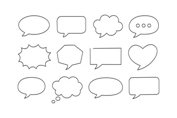 Fototapeta premium Various empty speech bubbles and thought clouds outlined in black on a white background