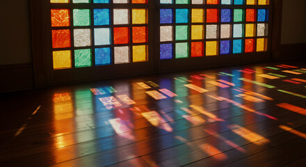 Fototapeta premium Colorful stained glass window casting reflections on wooden floor 