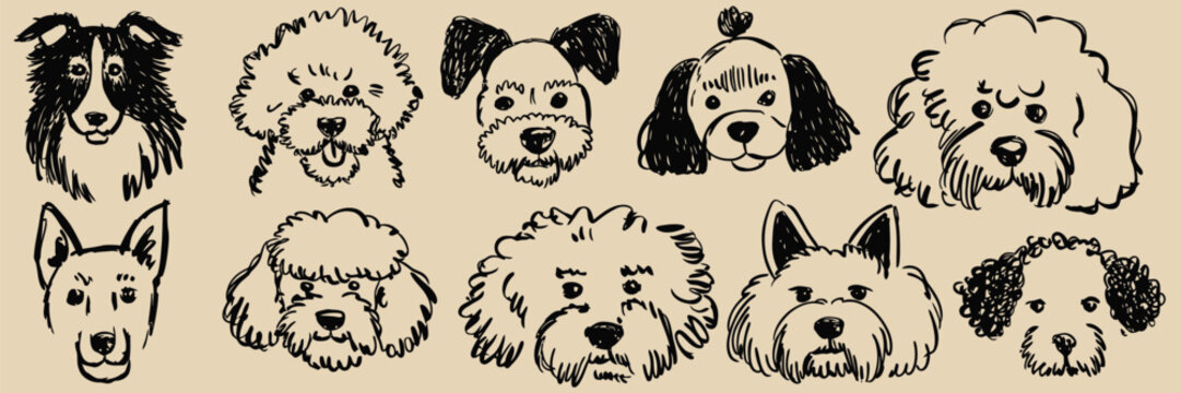 Hand Drawn Puppy Sketch Art Featuring Scribble Chalk and Charcoal Style Dogs for Posters, Stickers and T Shirt Design
