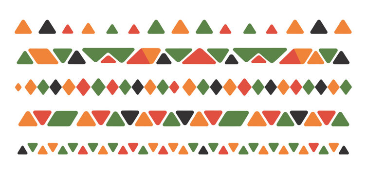 Ethnic Pattern border set, Mexican and African line motifs, Aztec triangular ornament stripe, cultural geometric decorative frame, traditional heritage vector illustration collection.