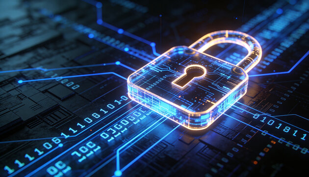 Glowing Digital Padlock Protecting Online Data and Secure Network Connections in Futuristic Cybersecurity Environment