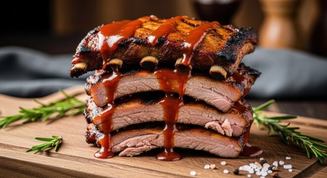 A stack of grilled ribs with a rich, glossy sauce drizzled over them, garnished with fresh rosemary and served on a wooden cutting board with a dark wooden background.