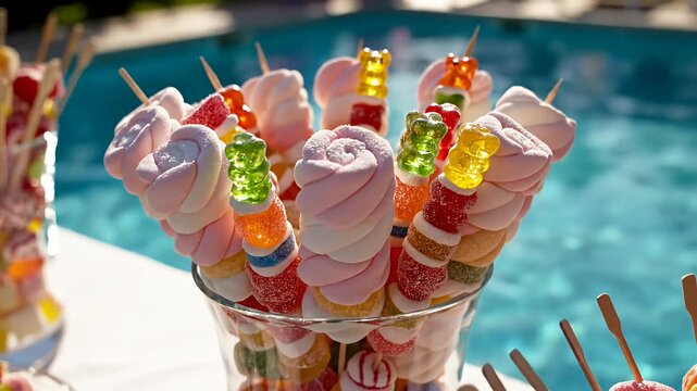 Skewered gummy bears and marshmallows treats at pool party.