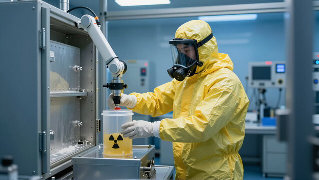 Scientist in a yellow hazmat suit operates a robot arm in a modern laboratory. He is handling a container with a radioactive liquid, ensuring safety protocols. This image showcases advanc