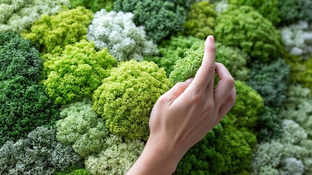 多様な種類の苔に触れる人の指先。壁面緑化と自然の質感を捉えたクローズアップ。環境保護とバイオフィリックデザインのコンセプト