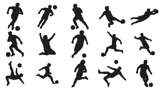 Soccer player silhouette set with action and running poses