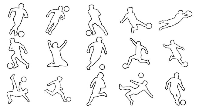 Set of soccer player silhouette icons in various actions