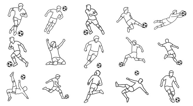 Set of soccer player drawings in various action poses