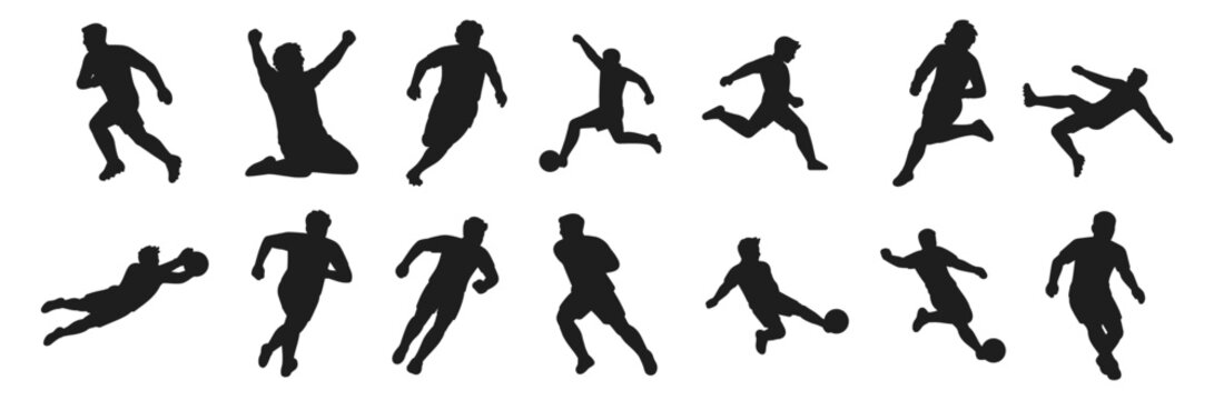 Silhouettes of soccer players in various action poses