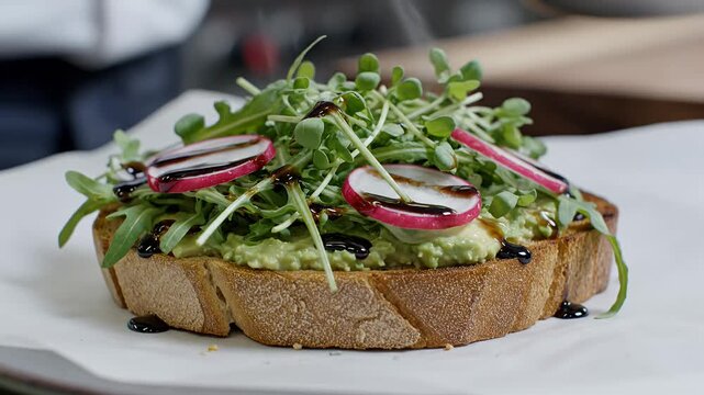 Sourdough toast topped with mashed avocado and microgreens.