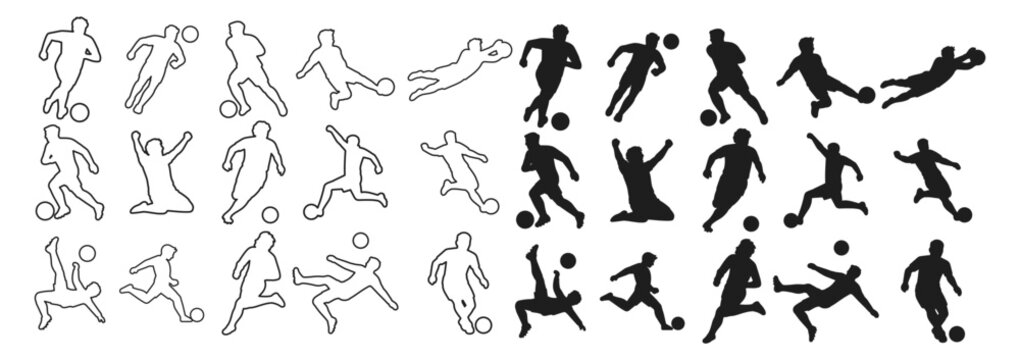 Set of soccer player silhouettes in various action poses