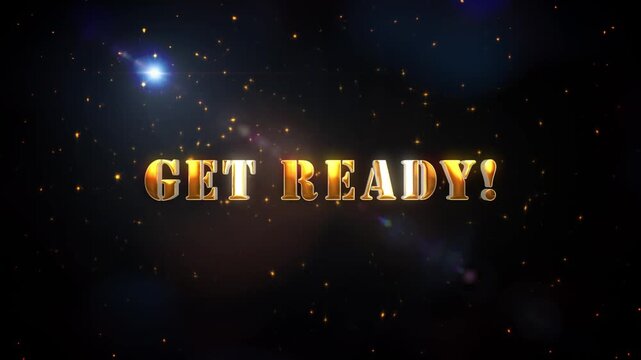 Get ready golden shine light motion text animation with flarelight and fire particles cinematic title on black abstract background. 