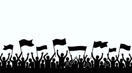 Naklejka premium Silhouetted crowd of protesters with waving flags at a rally in a bold black-and-white demonstration scene