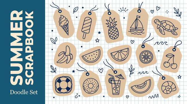 Summer Doodle Set - Hand-Drawn Scrapbook Elements, Fruits, Beach Icons, and Travel-Themed Clipart for Crafts, Invitations, and Design Projects