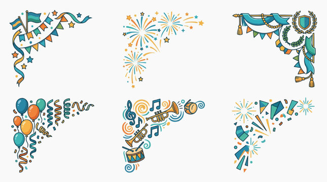 A collection of six festive corner graphic designs featuring elements like flags, fireworks, balloons, musical notes, and confetti