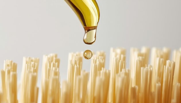 There is a drop of oil pouring from a bottle into a pile of spaghetti noodles