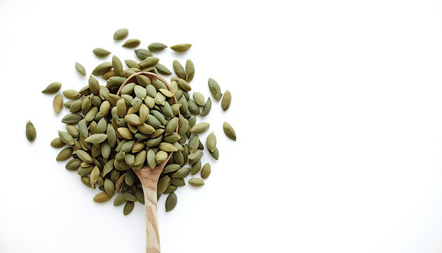 Wooden spoon with raw pumpkin seeds on white background