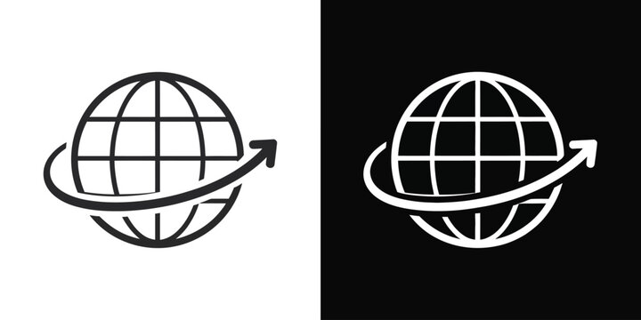 Globe vector earth sphere with rising arrow orbit, global growth and trade expansion concept, international business progress and market development