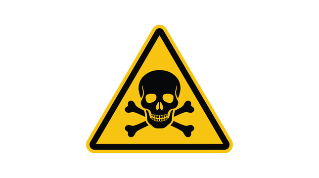 Bright yellow triangular warning sign featuring a stark black skull and crossbones icon representing danger or toxic substances isolated against a clean solid white background
