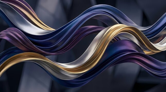 Abstract flowing metallic ribbons with smooth curves and reflective surfaces.