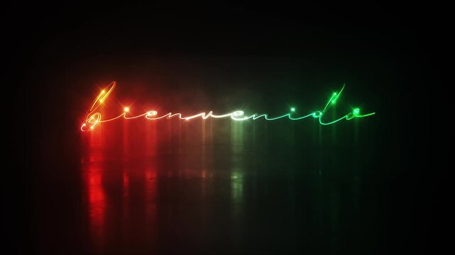 Animation text of Welcome spanish language laser neon glitch text effect cinematic title on black abstract backgroud. 