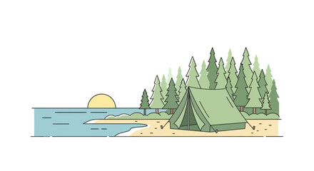 Green tent by the lake shore. © AlyaNaja