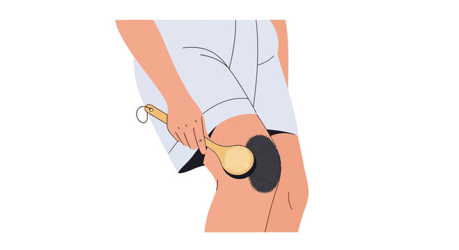 Woman dry brushing thigh for exfoliation and circulation, spa treatment at home