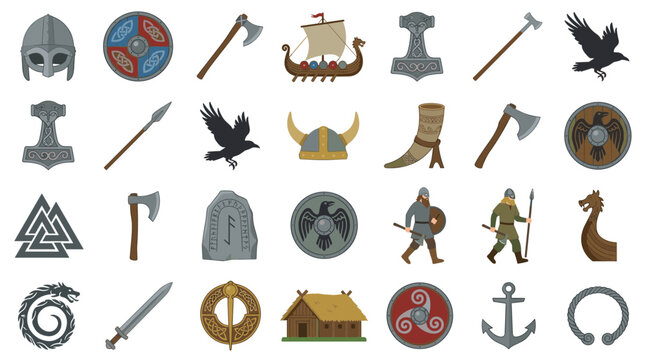 Collection of Viking Symbols and Artifacts Including Helmets Shields Axes Ships Thor Hammer Ravens and Runes for Norse Mythology and History