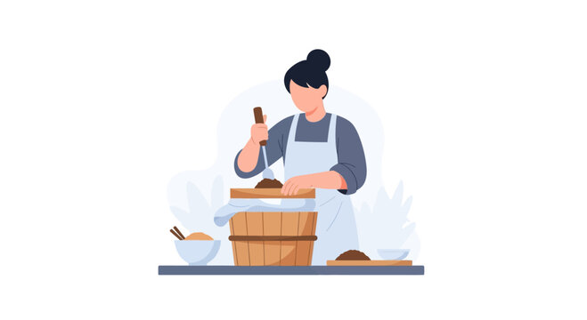 Woman preparing food in a wooden pot, traditional cooking, healthy lifestyle, illustration