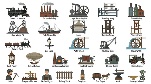 Collection of vintage industrial revolution era machines and technology symbols representing innovation and progress in manufacturing and engineering