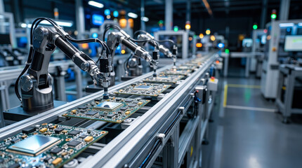 Fototapeta premium Robots are working on a production line that assembles circuit boards in a factory. The setting is busy with machines and lights