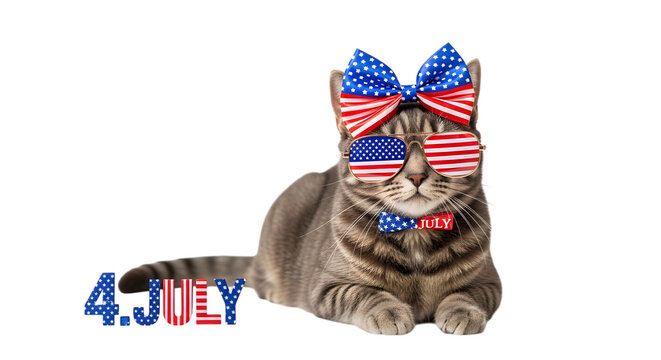 Patriotic tabby cat wearing sunglasses and bow on independence day 4th july isolated on transparent background