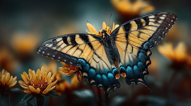 Yellow and blue swallowtail butterfly on yellow blossoms.