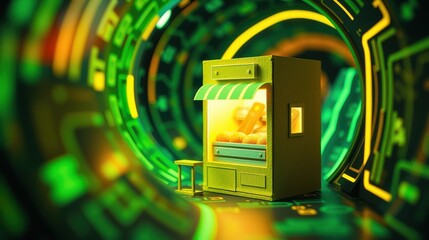 Obraz premium Futuristic kiosk glows within neon tunnel. Small shop displays pastries, inviting warmth amidst digital environment. Bright colors dominate scene.