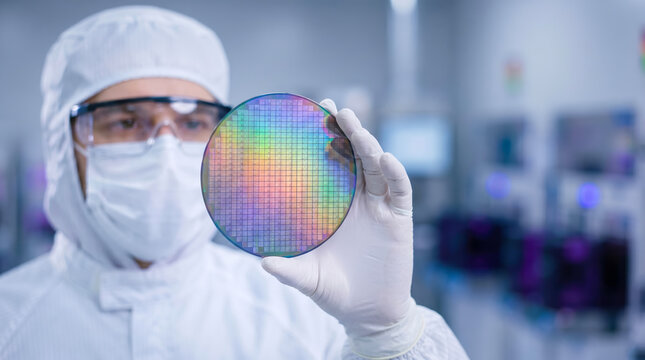 A scientist in a clean room holds a silicon wafer with colorful patterns. Other equipment is visible in the background, showing a high-tech environment in a semiconductor lab