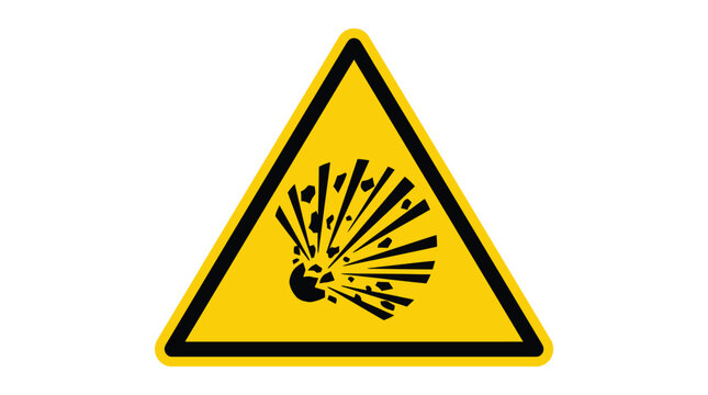 Bright yellow triangular warning sign featuring a bold black icon of an explosion with flying debris isolated on a clean white background for professional safety signage