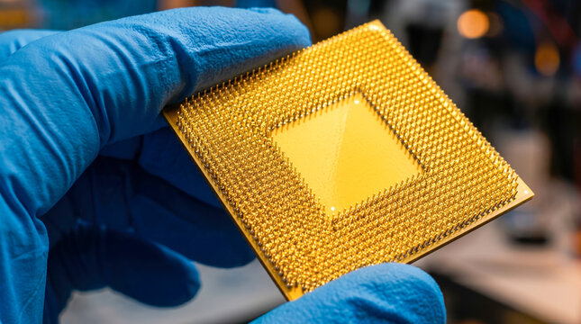 A person is holding a gold-colored computer chip with many pins. The setting is a lab filled with technology and equipment. This is part of a demonstration showing computer parts