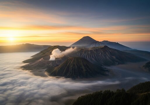 Aerial view of Mount Bromo volcano at golden sunrise dawn, dramatic sea of clouds East Java Indonesia landscape