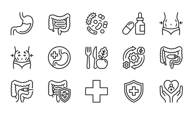 Gastrointestinal Healthcare Editable Outline Icons with Digestive System and Probiotic Symbols