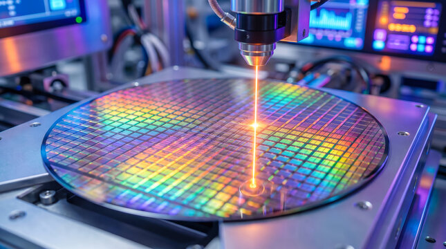 A laser is focused on a silicon wafer in a semiconductor plant. Colorful reflections appear on the surface as the machinery operates. This scene shows the advanced technology used in production